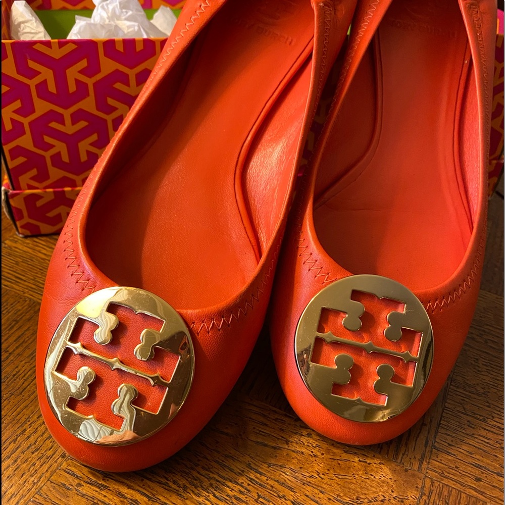 Tory Burch Orange Reva Leather Flats, size 8.5